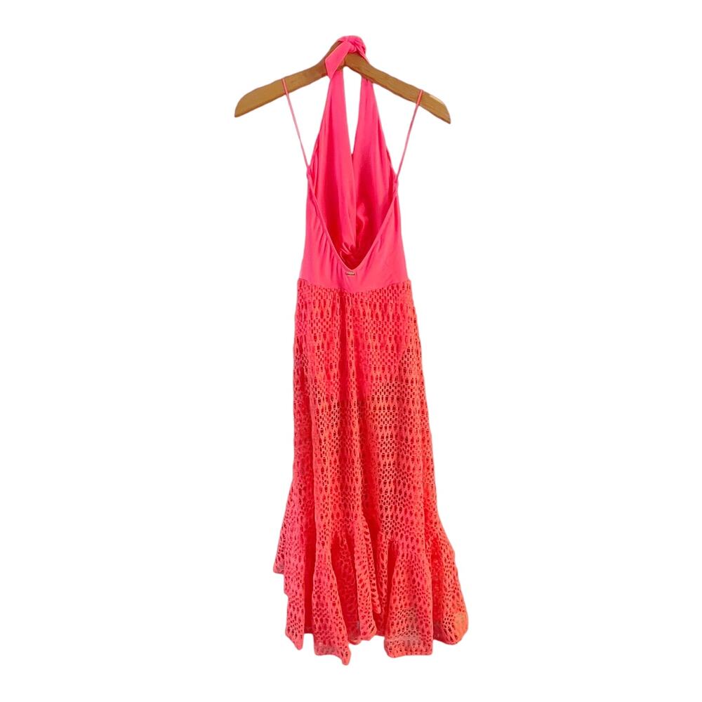 PATBO Crochet Beach Dress Halterneck Neon Coral Resort Influencer Medium NWT - Picture 10 of 11